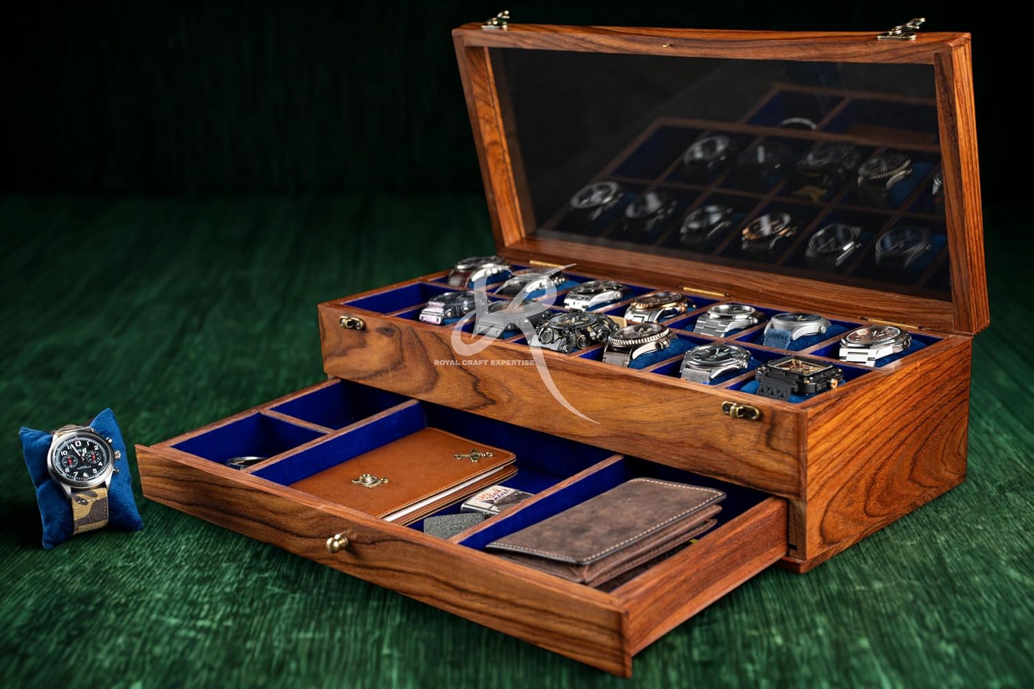 Royal Craft Expertise® 14-Slot Premium Wooden Watch Box with Drawer – Luxury Watch Organizer for Men | Handcrafted Rosewood Case with Velvet Lining | Large Capacity for Collectors - Best Gift for him