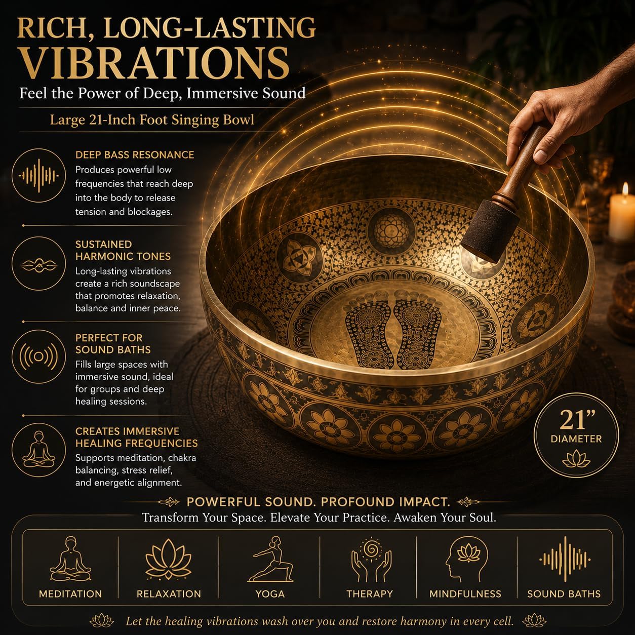 Large 21 Inch Foot Singing Bowl Handmade in Nepal | Etched Meditation Sound Bowl for Healing Sound Bath Yoga Relaxation Mindfulness & Spiritual Wellness Practices