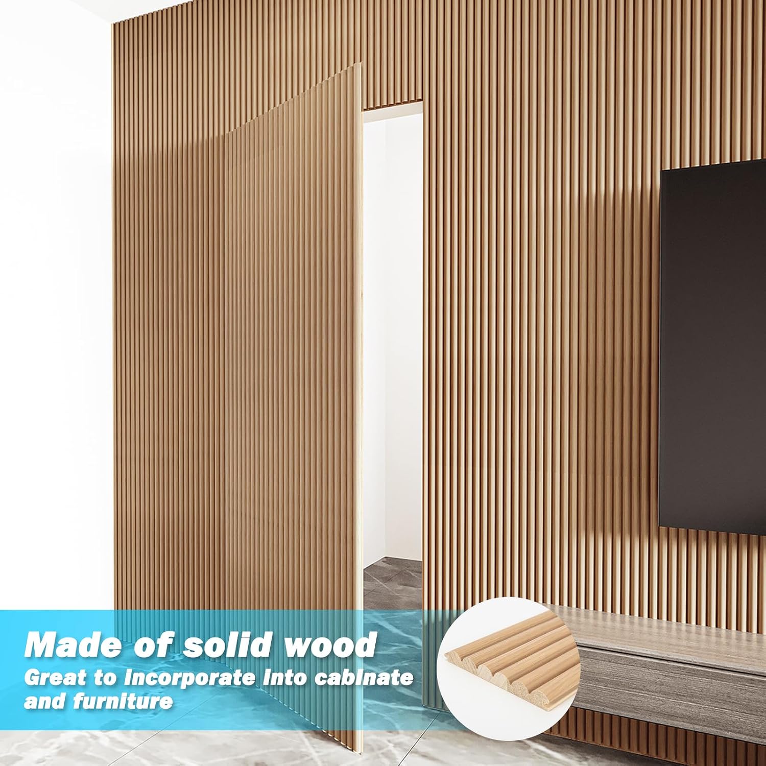 Art3d Fluted Wood Panel - 108 x 5.7 x 0.7in for Wall & Ceiling, Beaded Accent Molding for Home Decoration, Pack of 4pcs + 1pc End-Trim, Beaded Oak