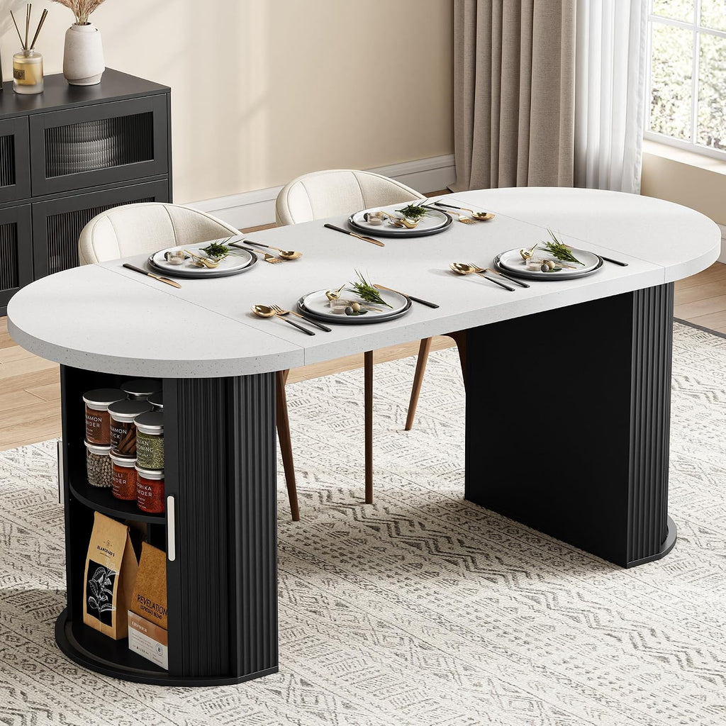 IRONCK 71' Oval Dining Table for 4-8, Modern Farmhouse Dining Table with Hidden Storage & Fluted Base, 1.6' Thick Faux Quartz Top, Dinner Table for Dining Room Kitchen Home Office, Black