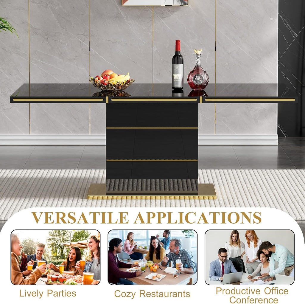 70 inch Black Dining Table for 4-6 People, Modern Kitchen Table with High Gloss Finish, Gold Stainless Steel Trims & Sturdy Pedestal Base, Luxury Dining Room Table for Dinner Party Family Gatherings