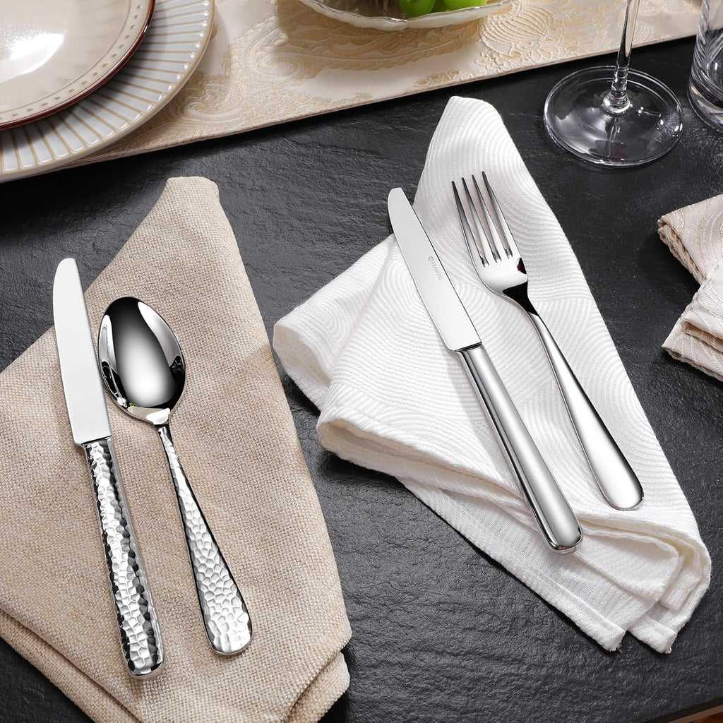 KEAWELL Premium 20/45/65 Piece Louise Hammered Silverware Set with Round Edge, 18/10 Stainless Steel, Service for 4/8/12, Fine Flatware Set, Dishwasher Safe (65)