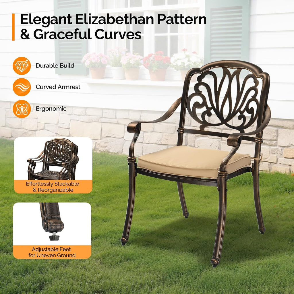 VINGLI 7 Pieces Outdoor Dining Set, Cast Aluminium All-Weather Patio Dining Set for 6 with Umbrella Hole, Outdoor Dining Table and Chairs with Cushion for Yard, Garden, Porch and Poolside, Bronze