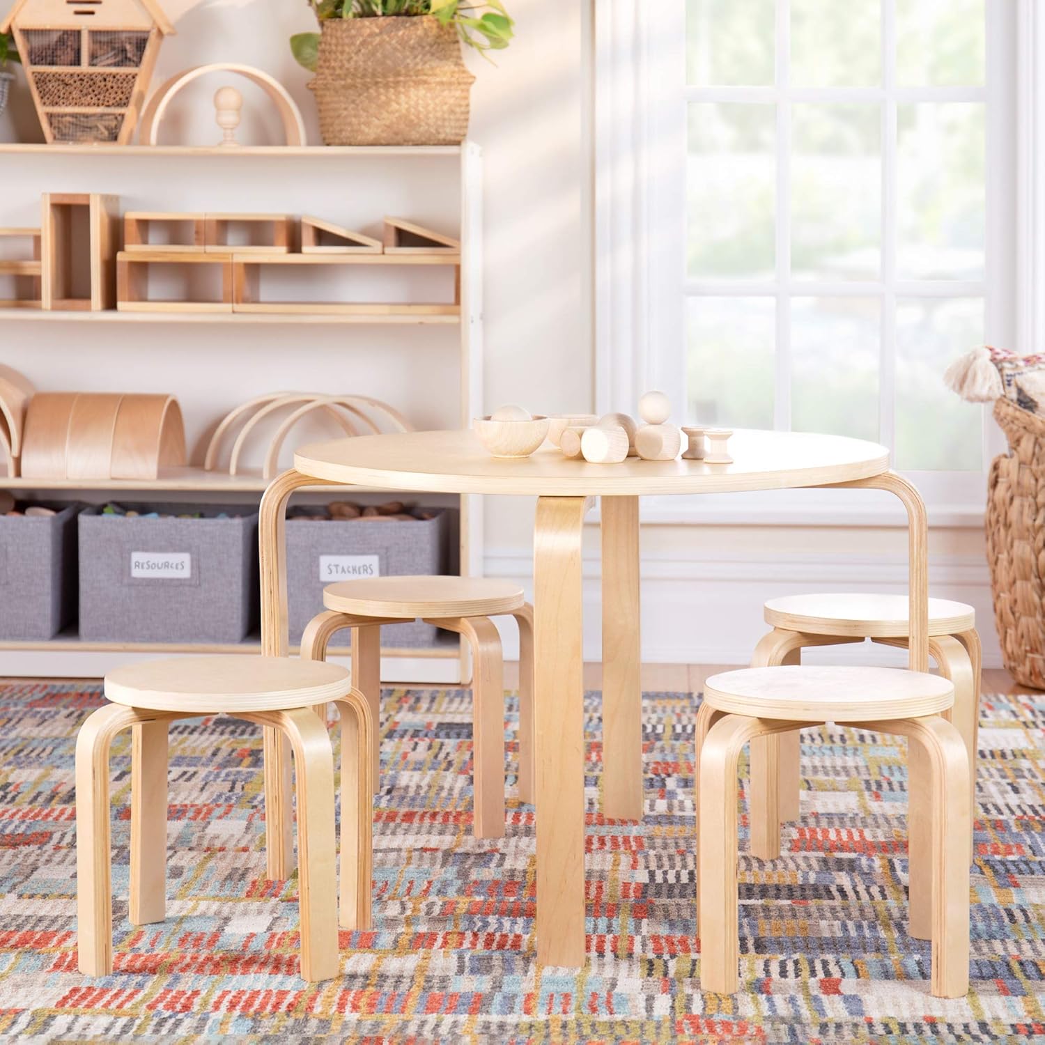Guidecraft Nordic Table and Stools Set for Kids: Natural - 4 Stacking Bentwood Stools with Curved Wood Activity Table - Children's Modern Kitchen, Playroom and Classroom Furniture