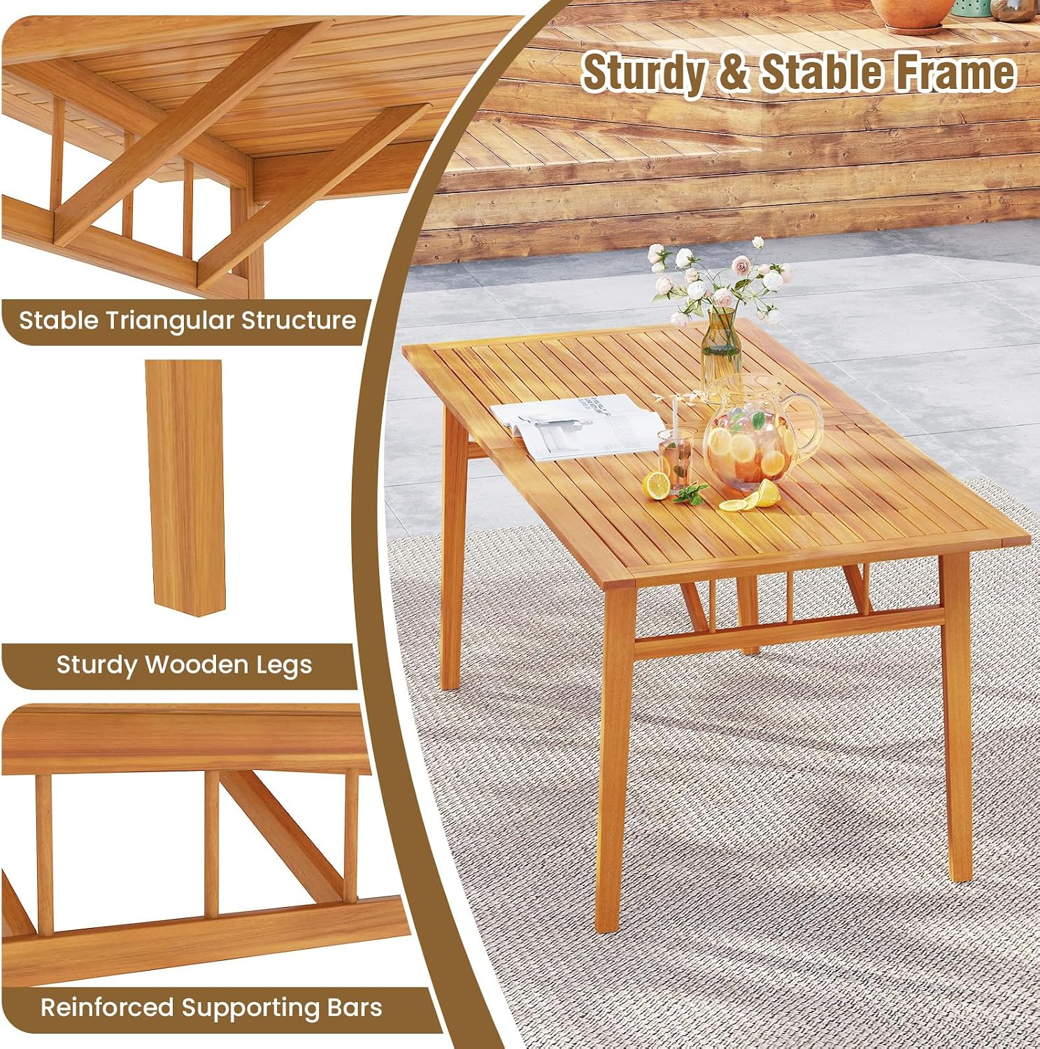 HAPPYGRILL Acacia Wood Outdoor Dining Table with Umbrella Hole & Cover, for 4-6 People, 63' Large Farmhouse Dinette Furniture for Backyard Patio Deck Porch
