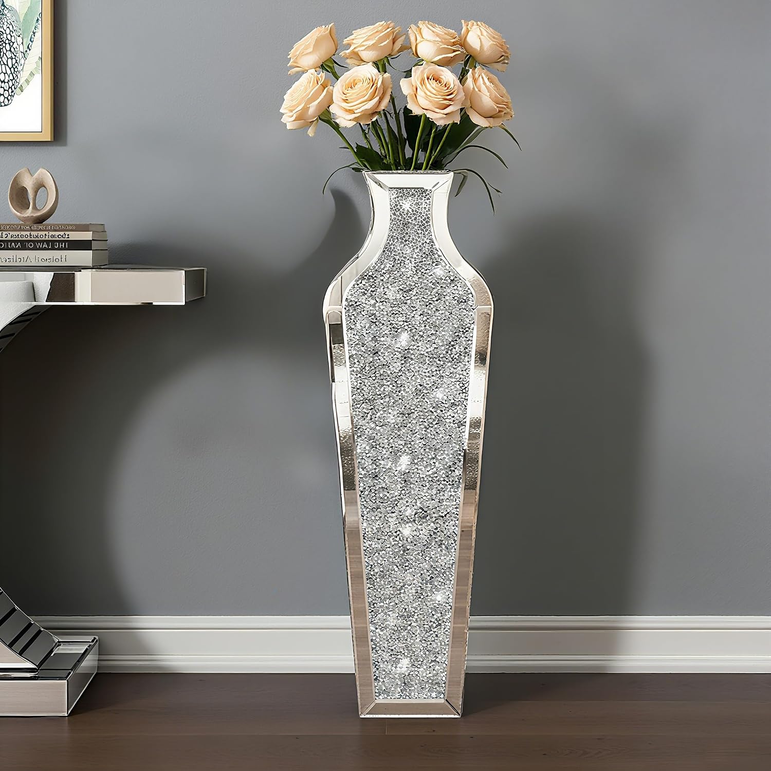 SHYFOY 36 inch Floor Vase Crushed Diamond Decorative Mirrored Tall Vases for Decor Living Room, Large Silver Glass Floor Vase for Pampas Grass Artificial Flowers