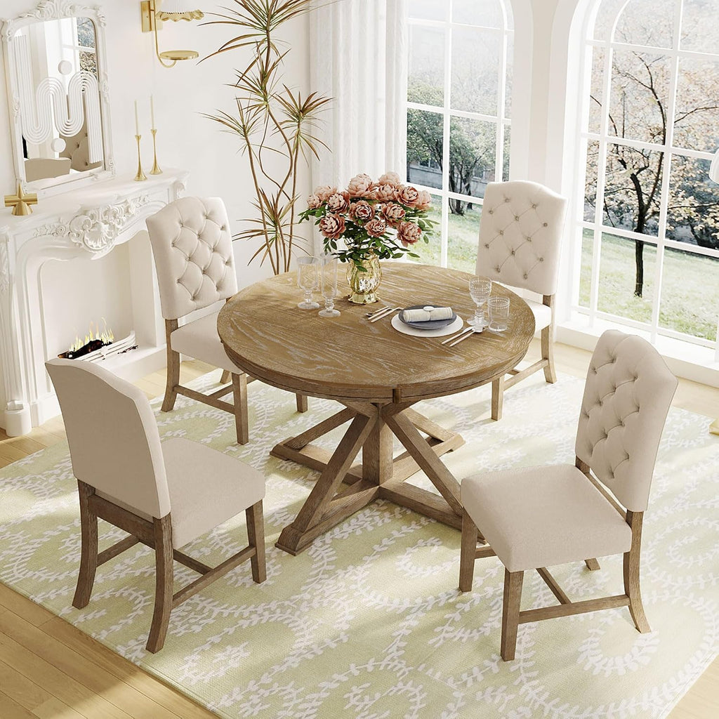 LUMISOL Extendable Round Dining Table for 4-8, Farmhouse 42'-54'' Expandable Kitchen Table with Removable Leaf and Pedestal Base for Kitchen, Dining Room, Living Room, Natural