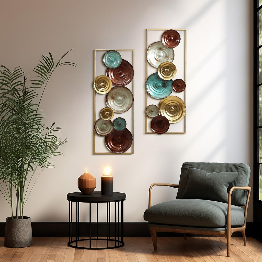 LuxenHome Metal Wall Art, Set of 2 Modern Multi-Color Gems Abstract Wall Decor Panels with Frame, 35' Hanging Sculptures Decor for Living Room, Metal Artwork Accent for Bedroom Dining Room Office