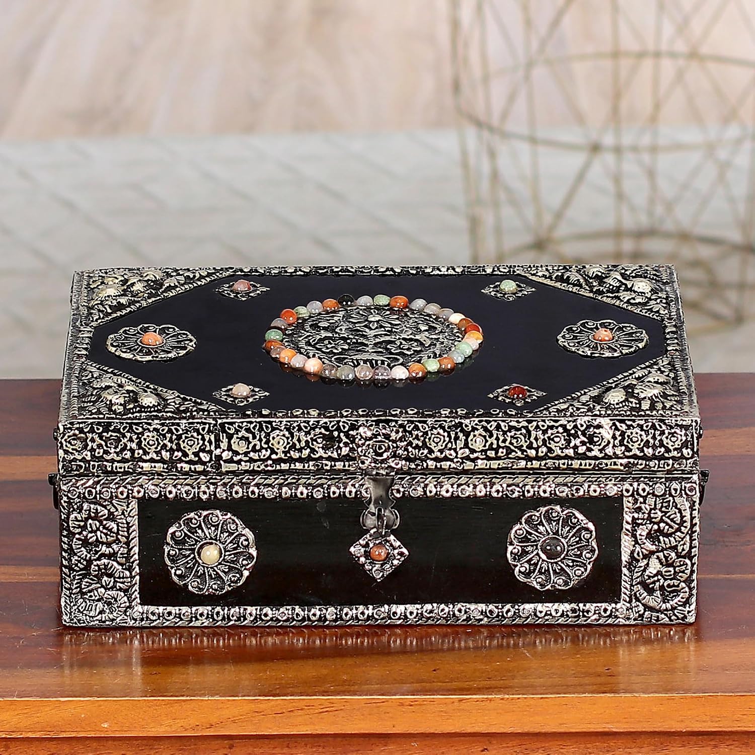 NOVICA Nickel Repousse Mango Wood Jewelry Box with Glass Accents, 'Antique Sophistication'