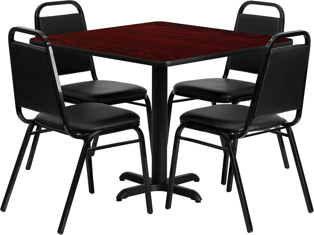 Flash Furniture Carlton 36'' Square Mahogany Laminate Table Set with X-Base and 4 Black Trapezoidal Back Banquet Chairs