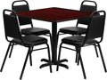 Flash Furniture Carlton 36'' Square Mahogany Laminate Table Set with X-Base and 4 Black Trapezoidal Back Banquet Chairs