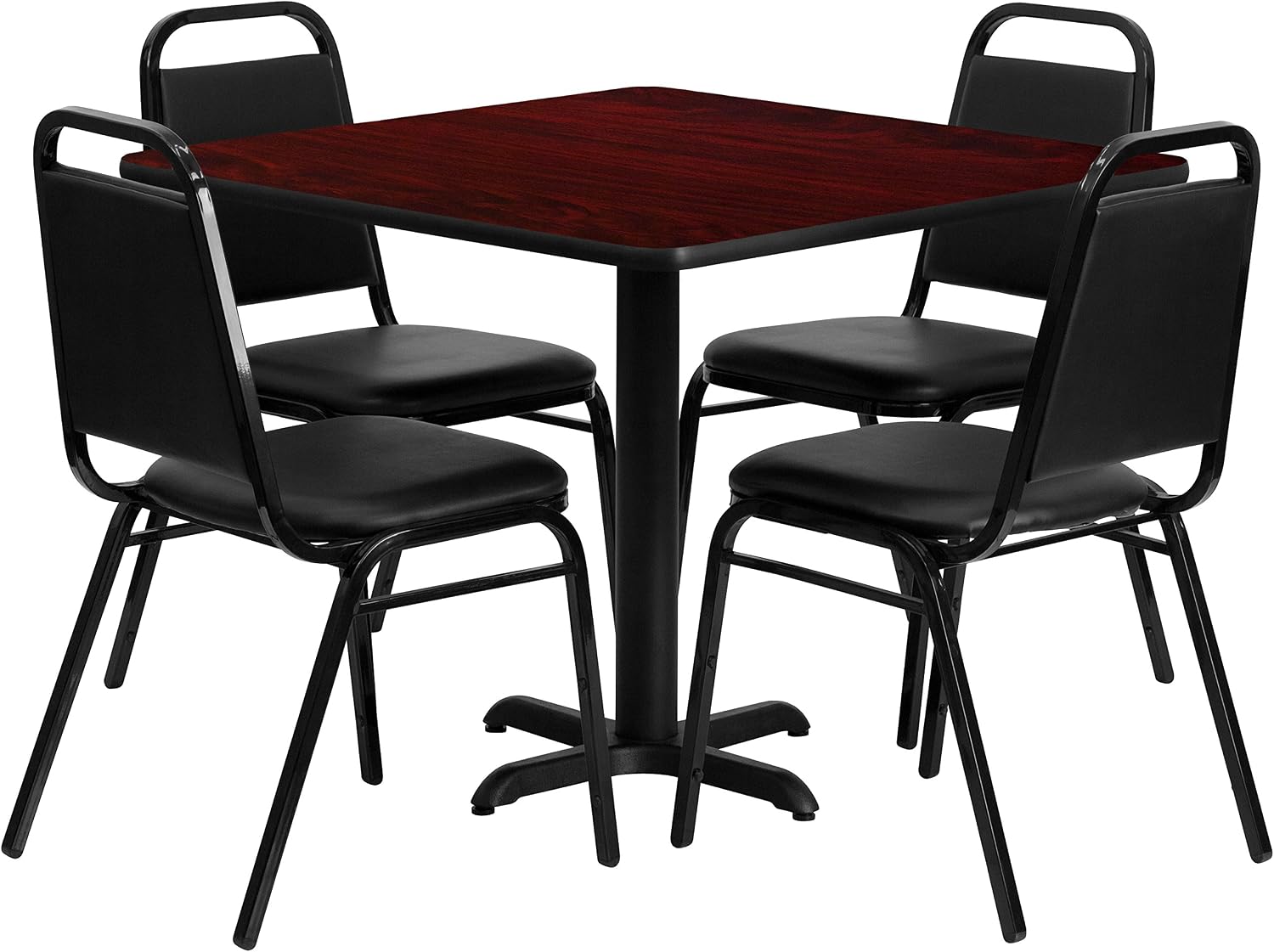 Flash Furniture Carlton 36'' Square Mahogany Laminate Table Set with X-Base and 4 Black Trapezoidal Back Banquet Chairs