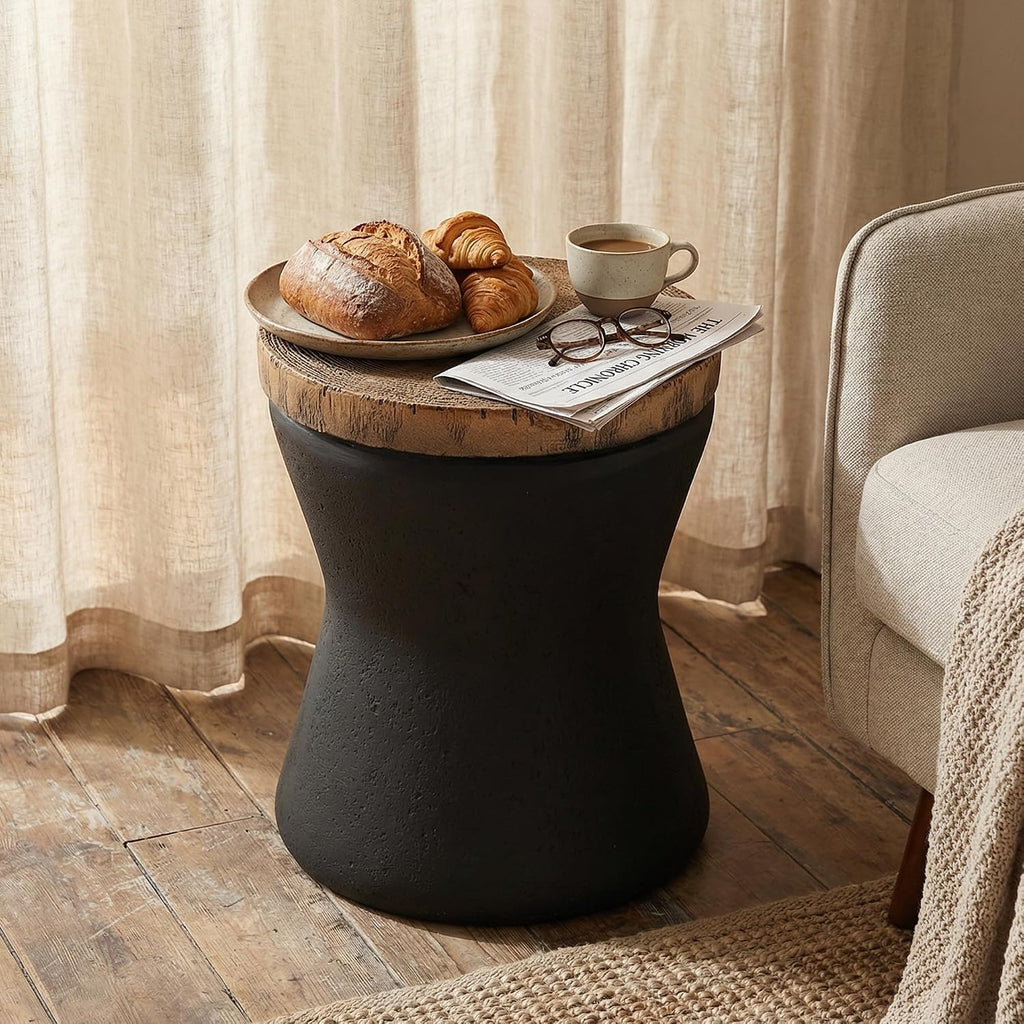 HOMPUS Outdoor Concrete Side Table Sets of 2, 2 Pieces Black Round Patio End Table, Small Outdoor Accent Table, Hourglass Shaped Garden Stool for Patio, Outside, Black