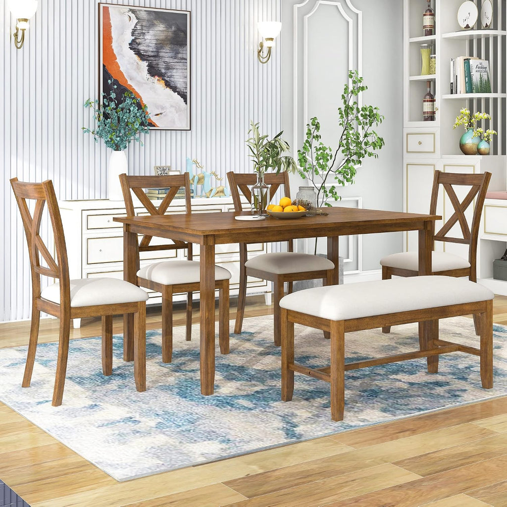 Harper & Bright Designs 6-Piece Dining Table Set, Dining Room Table Set with Wooden Rectangular Dining Table, 4 Dining Chair and Bench, Kitchen Dinette Set for 6 People (Natural Cherry)