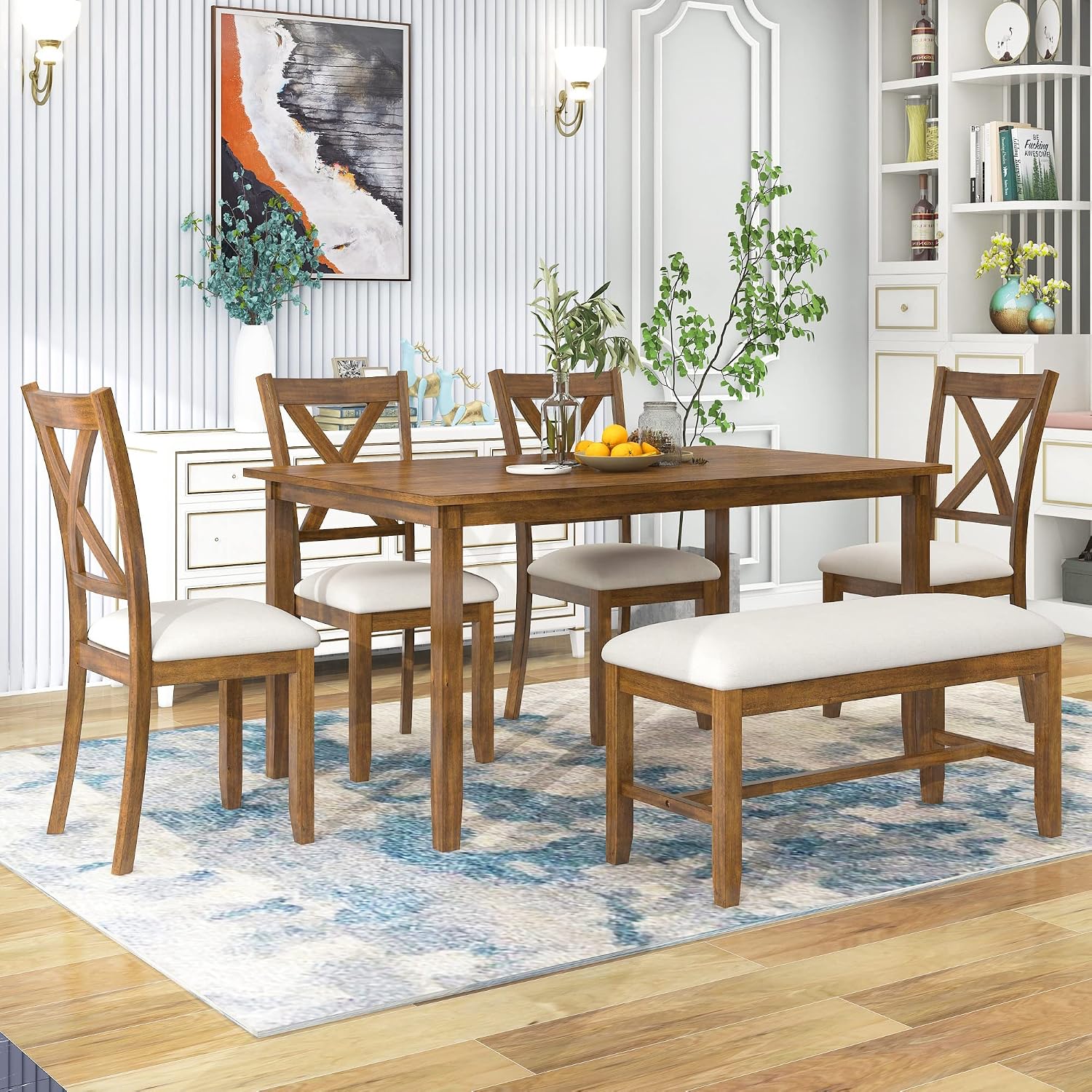 Harper & Bright Designs 6-Piece Dining Table Set, Dining Room Table Set with Wooden Rectangular Dining Table, 4 Dining Chair and Bench, Kitchen Dinette Set for 6 People (Natural Cherry)