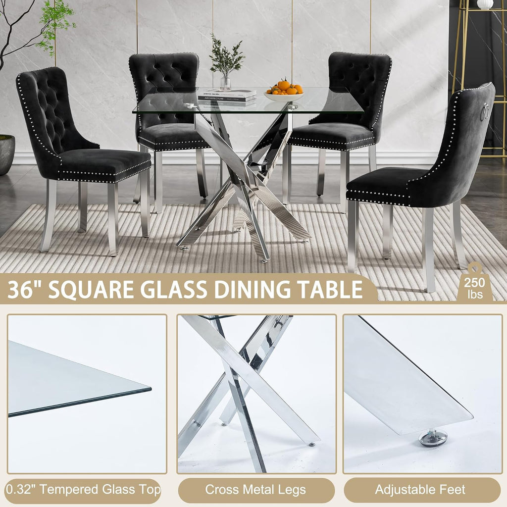36' Square Dining Table for 4, Modern Clear Glass Kitchen Table for 4 with Silver X Metal Legs, Contemporary Small Glass Dining Room Leisure Tables for Kitchen Apartment