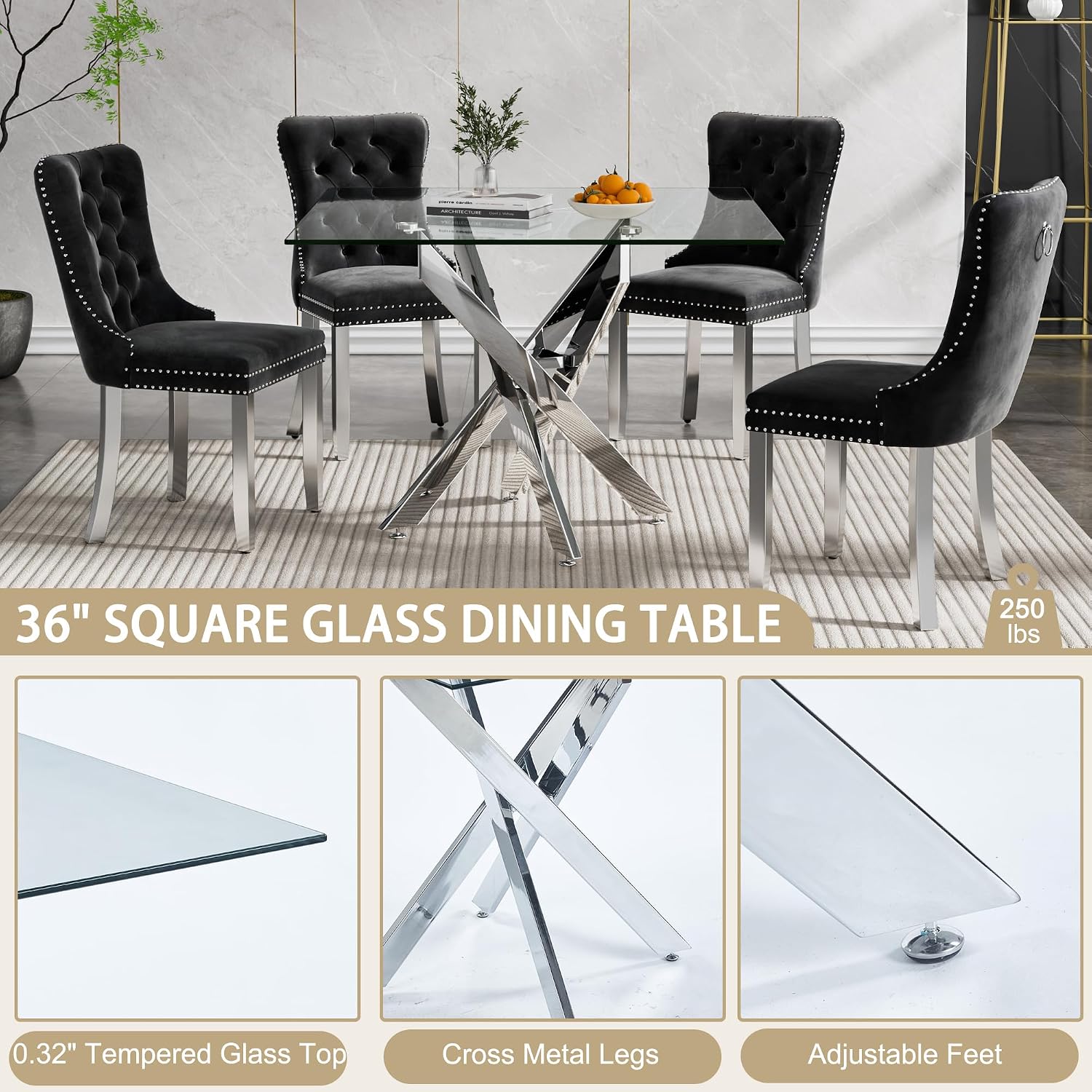 36' Square Dining Table for 4, Modern Clear Glass Kitchen Table for 4 with Silver X Metal Legs, Contemporary Small Glass Dining Room Leisure Tables for Kitchen Apartment