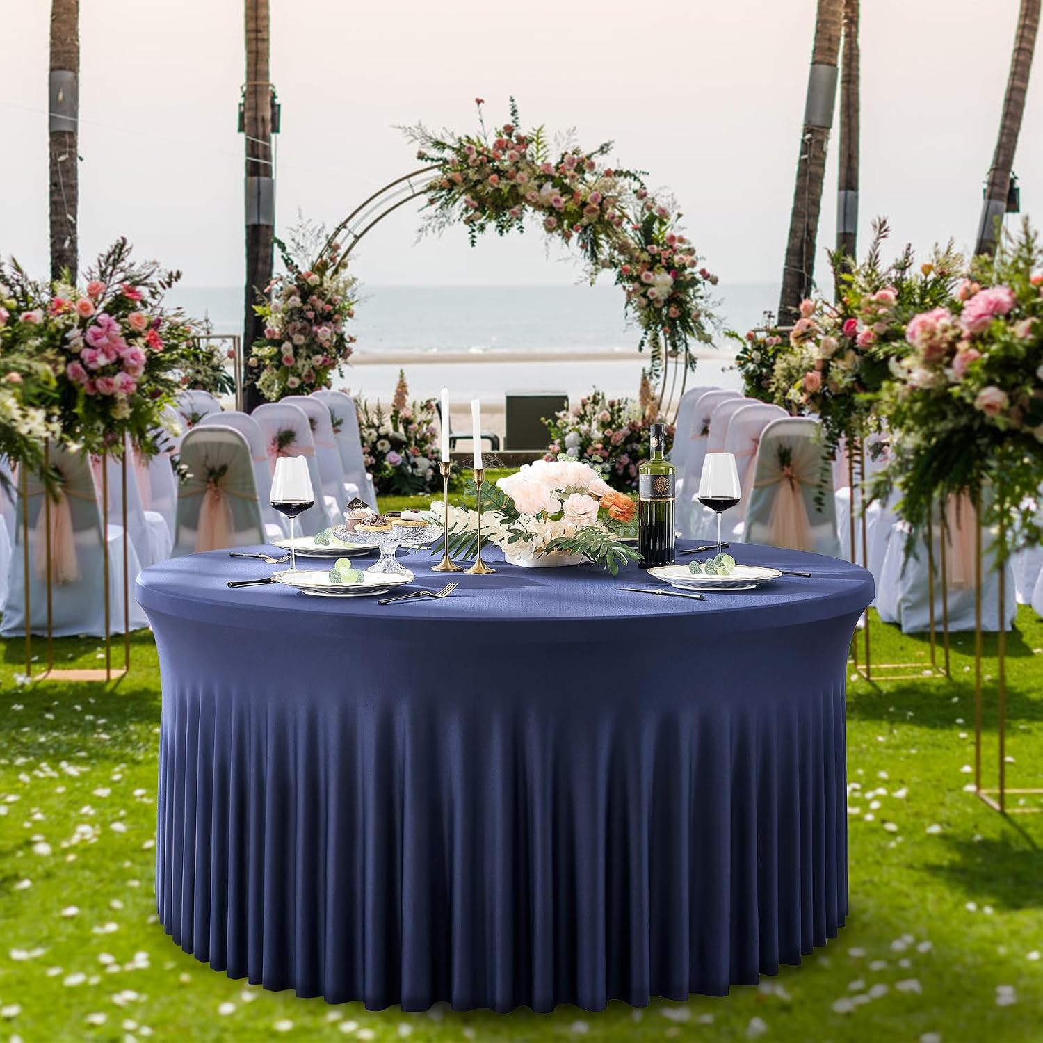 Outpain 8 Pack Navy Blue Spandex Round Tablecloths - Fitted 132in Wrinkle Free Table Covers with Skirt for 72in Table, Wedding Party Dining Banquet