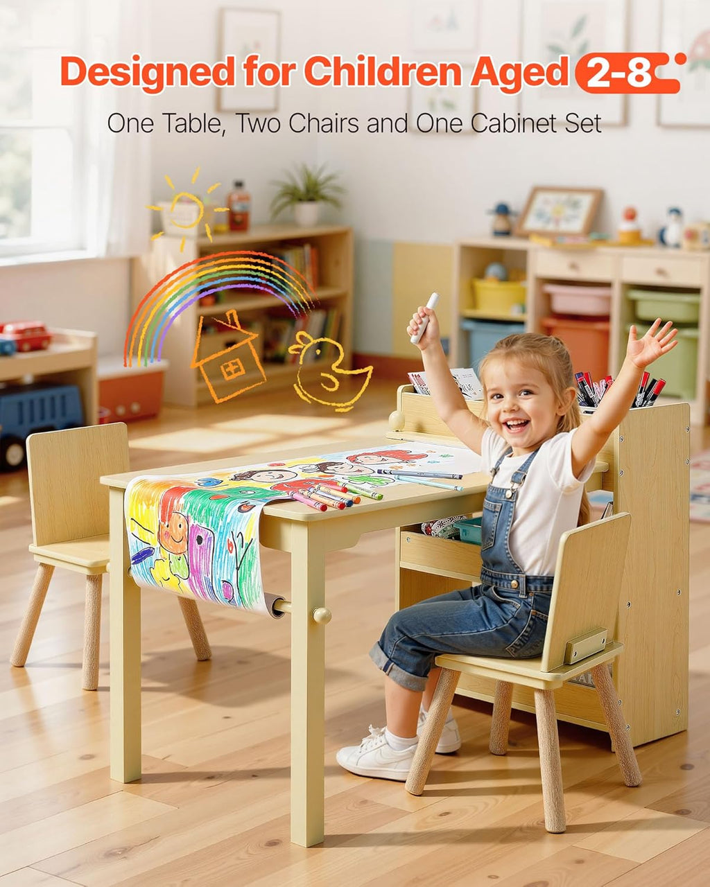VEVOR Kids Art Table and Chair Set, Toddler Activity Table with Storage, Wood Kids Craft Desk with Paper Roll for Drawing, Reading, Writing, Kid Play Table for Nursery, Playroom, Classroom, Natural