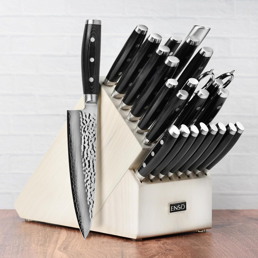 Enso Knife Set - Made in Japan - HD Series - VG10 Hammered Damascus Japanese Stainless Steel with Gray Ash Knife Block - 25 Piece