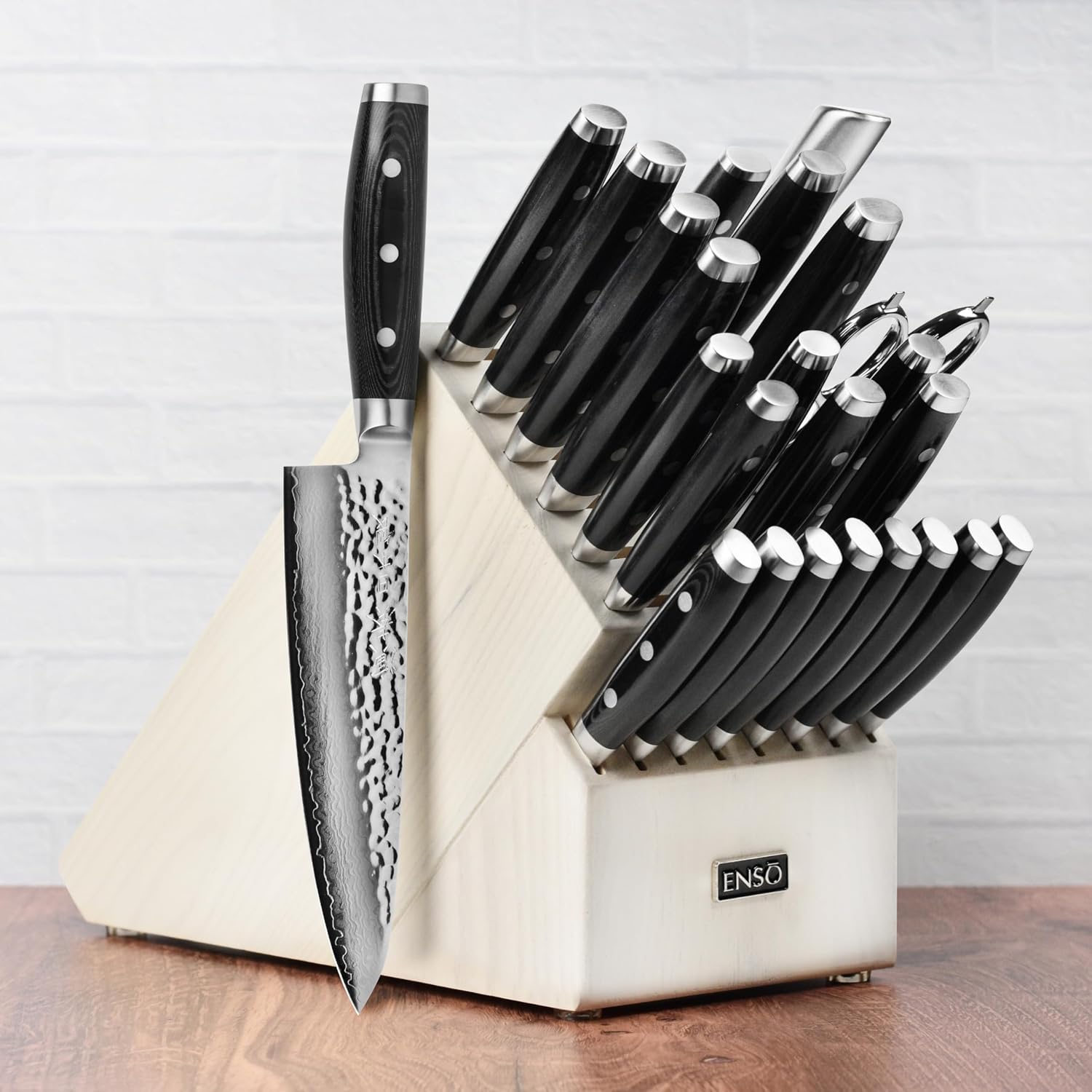 Enso Knife Set - Made in Japan - HD Series - VG10 Hammered Damascus Japanese Stainless Steel with Gray Ash Knife Block - 25 Piece