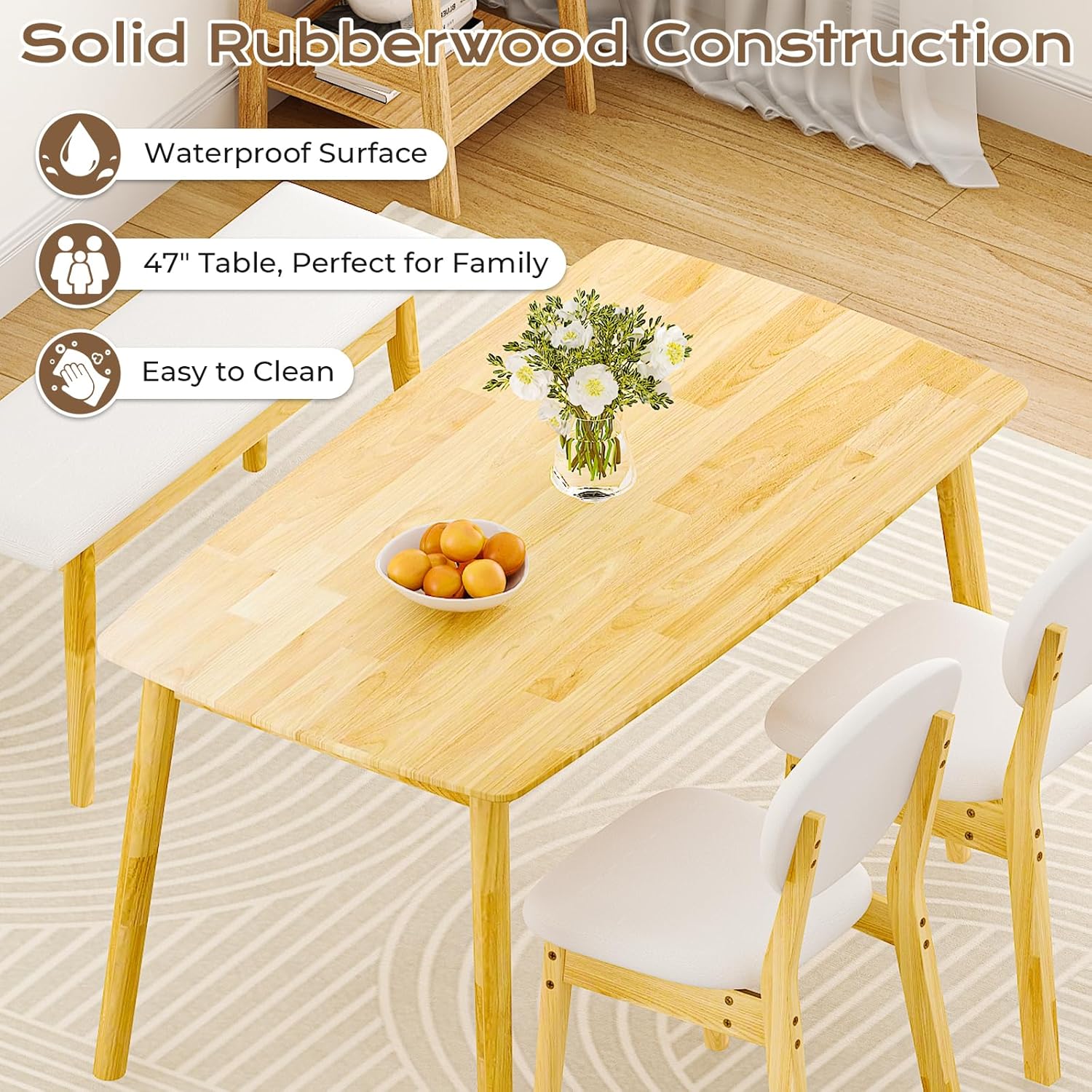 Karl home Dining Table Set for 4, w/ 2 Upholstered Chairs, Bench Seat, 4-Piece Dining Set, Compact Mid-Century Modern Kitchen Table and Chairs for Kitchen/Small Apartment, Solidwood, Nature