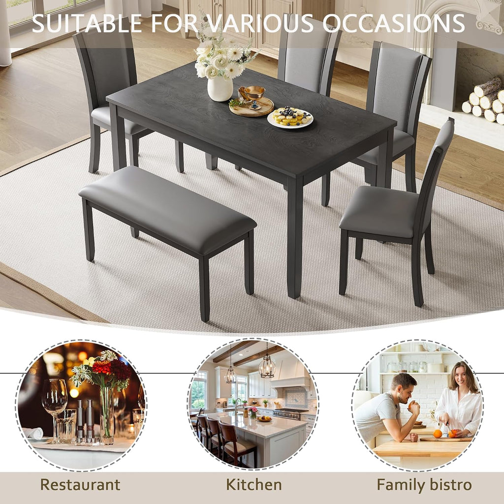 KEIKI 6-Piece Standard Height Dining Table Set with Rectangular Table, 4 Upholstered Chair, Bench, for 6 Person, Farmhouse Rustic Style Table Set, Easy Assembly, for Kitchen, Dining Room, Gray