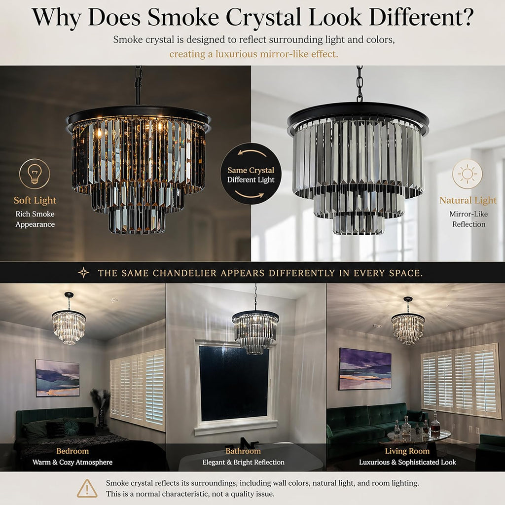 ALOADECOR 6-Light W 20 in. Modern Odeon 3-Tier Round Fringe Crystal Chandelier in Matte Black Finish Frame with Smoke Crystal Accents Dual-Use Light for Dining Room Living Room Bedroom