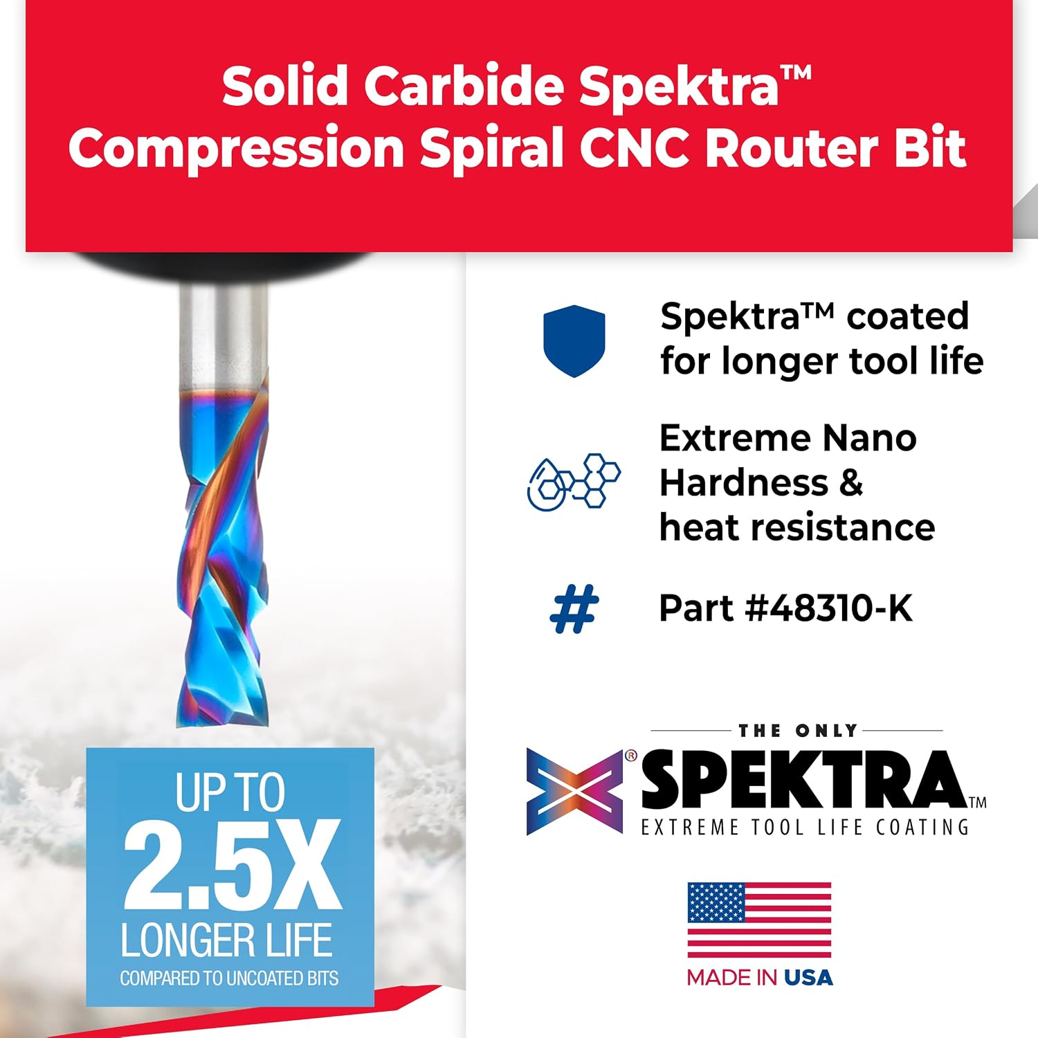 Amana Tool Spektra Extreme Tool Life Coated Solid Carbide CNC Compression Spiral Router Bit, 48310-K, 10mm D x 25mm CH x 10mm Shank x 64mm Long