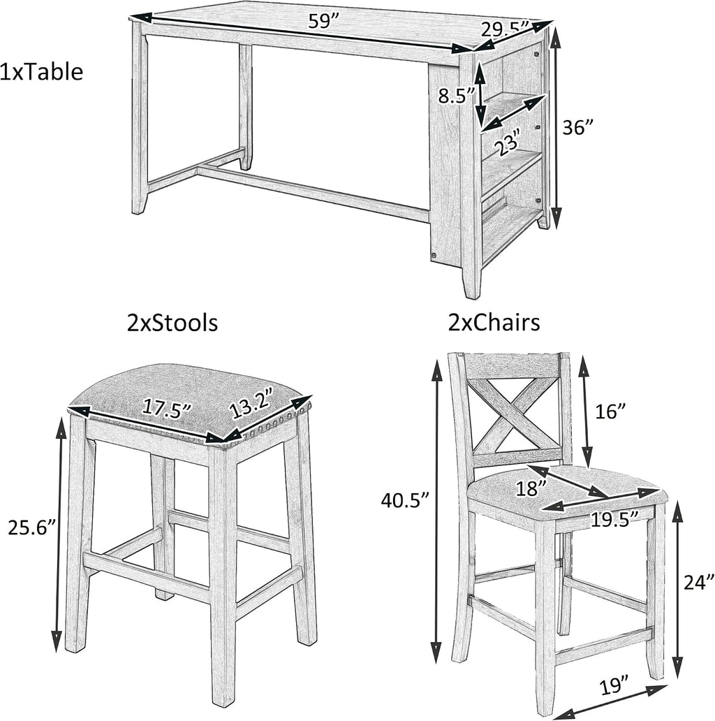 Harper & Bright Designs 5 Pieces Counter Height Wooden Bar Table Set with 3-Tier Shelf, 2 stools and 2 Chairs, Rustic Farmhouse Dining Table Set for 4, White