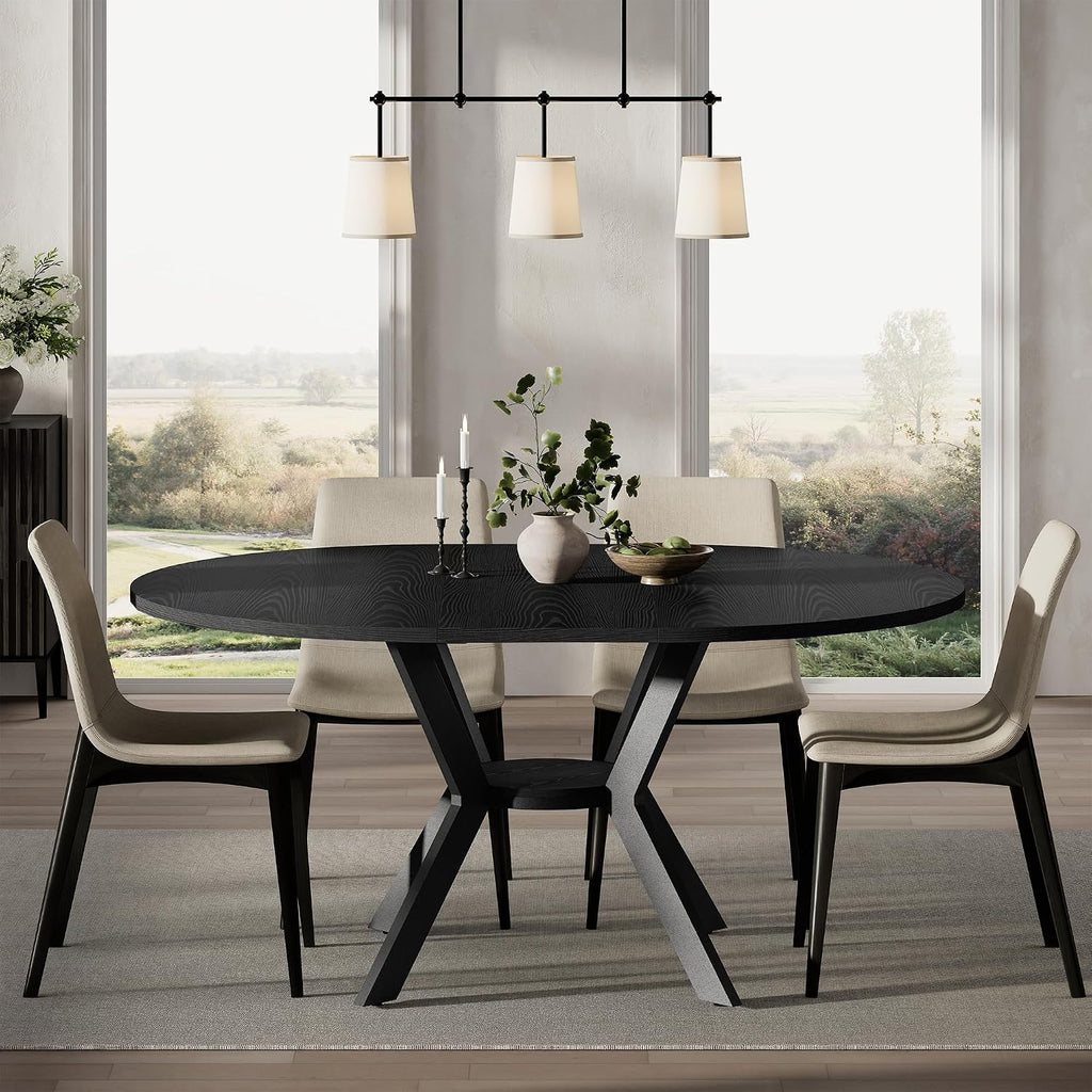42'-58' Extendable Round Dining Table with Built-in Flip Leaf, Modern Oval Kitchen Table for 4-6, Space-Saving Small Room Furniture with Storage Shelf and X-Shaped Metal Base for Kitchen, Dining Room
