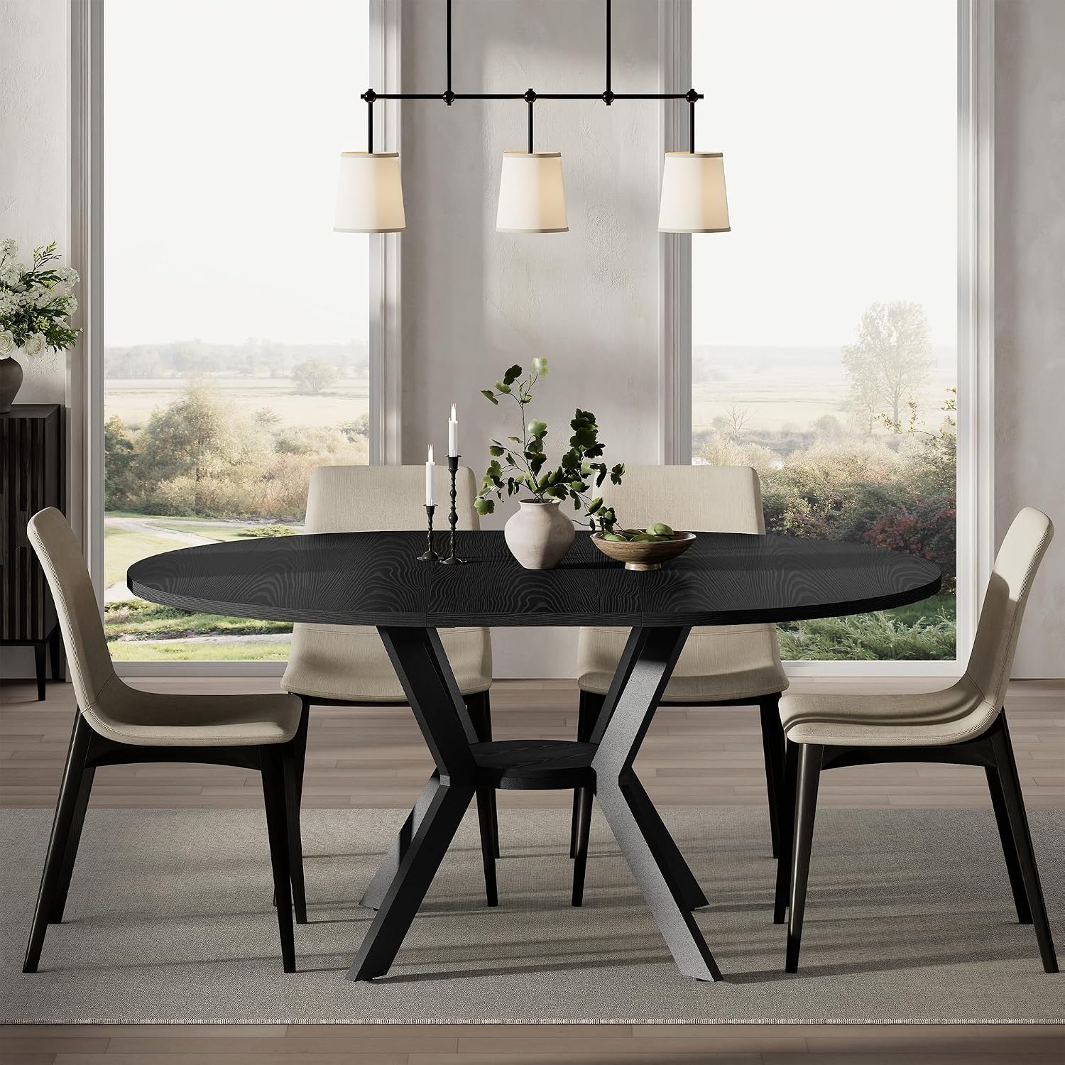 42'-58' Extendable Round Dining Table with Built-in Flip Leaf, Modern Oval Kitchen Table for 4-6, Space-Saving Small Room Furniture with Storage Shelf and X-Shaped Metal Base for Kitchen, Dining Room