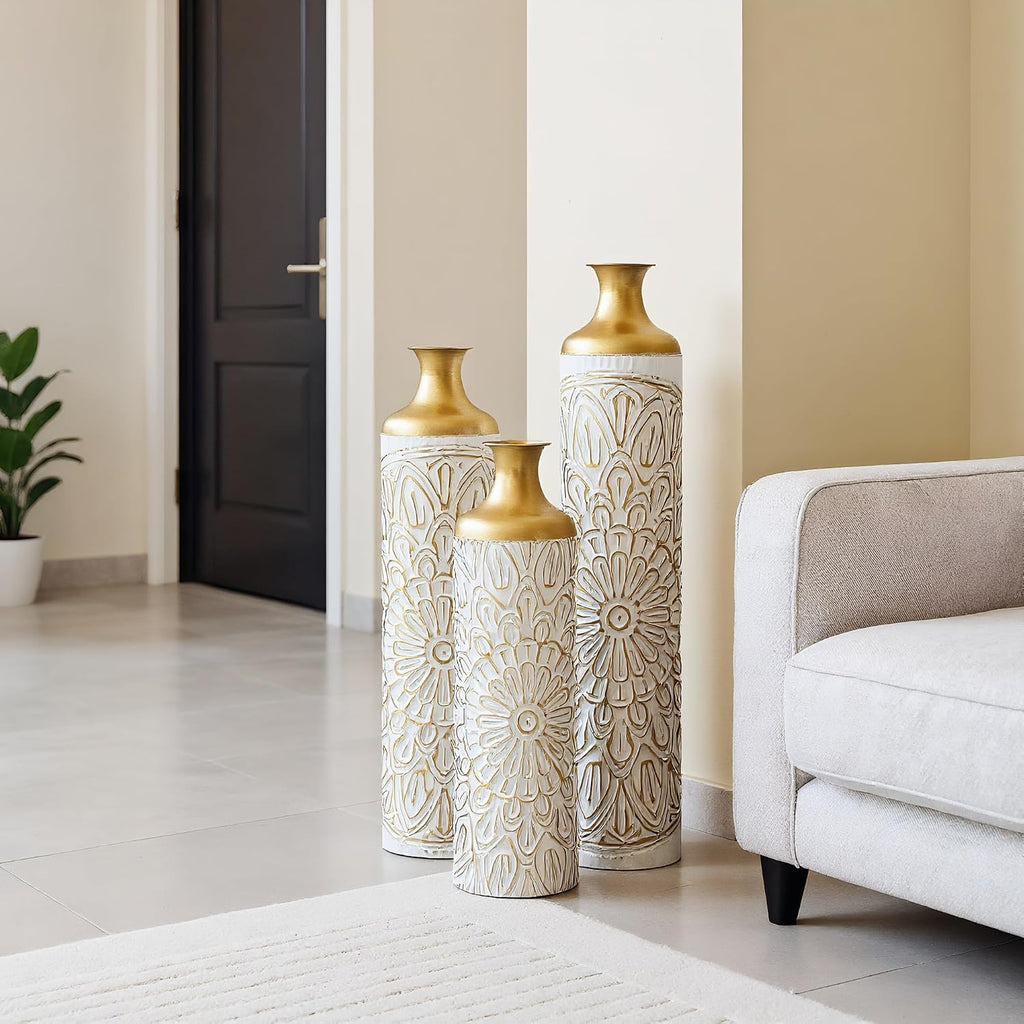 Modern White Metal Floor Vases Set of 3 – Tall Droplet-Shaped Decorative Vases for Home, Large Glazed Metal Vases for Living Room, Entryway, Wedding, Event or Floral Arrangement Décor