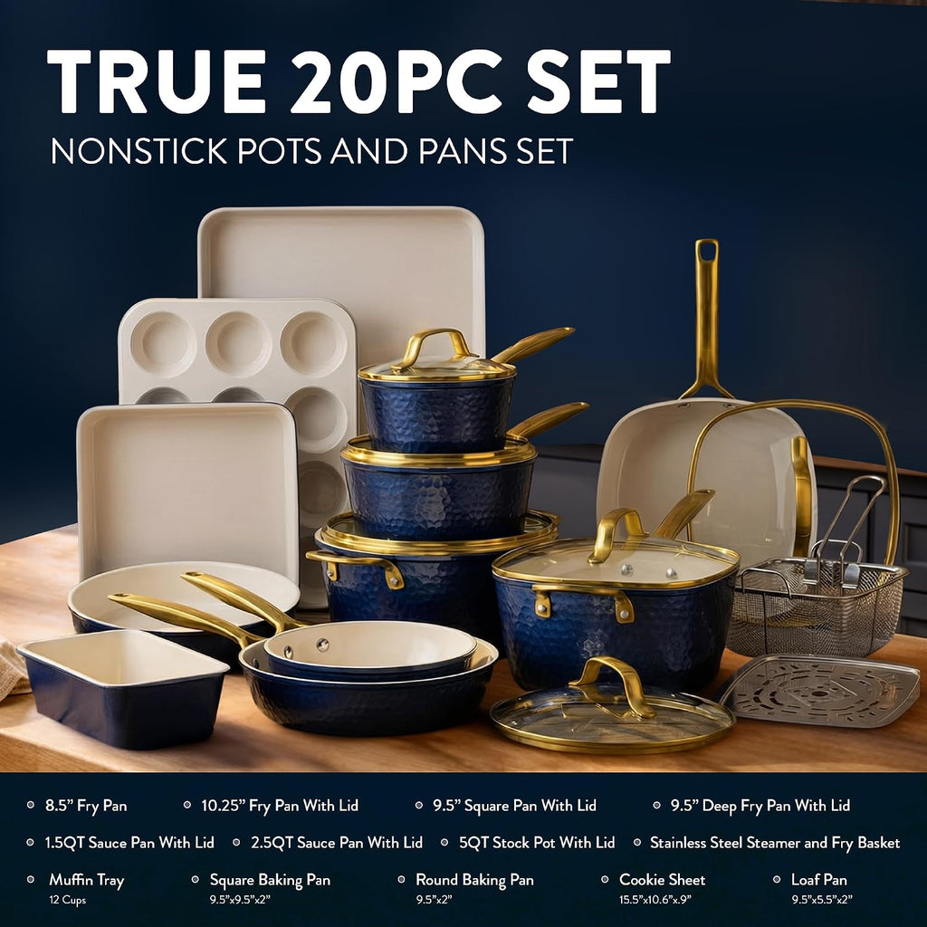 Gotham Steel Hammered 20Pcs Ceramic Cookware Set, Induction Pots and Pans Set Non Stick with Deep Fry Pan, Steamer, & Bakeware, Non Toxic PFOA PFOS Free, Oven & Dishwasher Safe