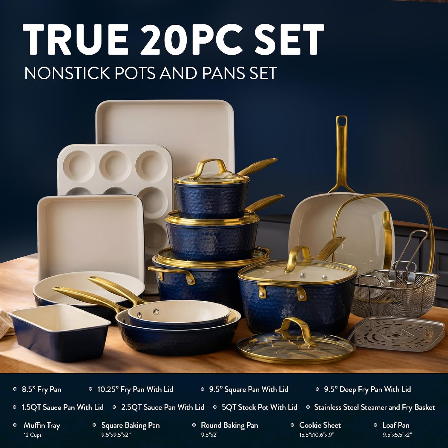 Gotham Steel Hammered 20Pcs Ceramic Cookware Set, Induction Pots and Pans Set Non Stick with Deep Fry Pan, Steamer, & Bakeware, Non Toxic PFOA PFOS Free, Oven & Dishwasher Safe