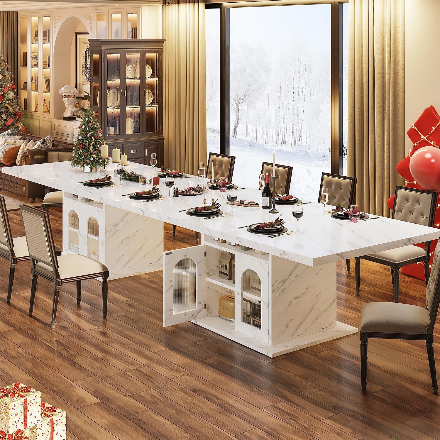 HSH Dining Table for 4–6, 63' Modern Kitchen Dining Room Table with Storage Shelves & Acrylic Door Cabinet,Wood Rectangle Dinner Table with Faux Marble Top for Home Apartment, White Faux Marble
