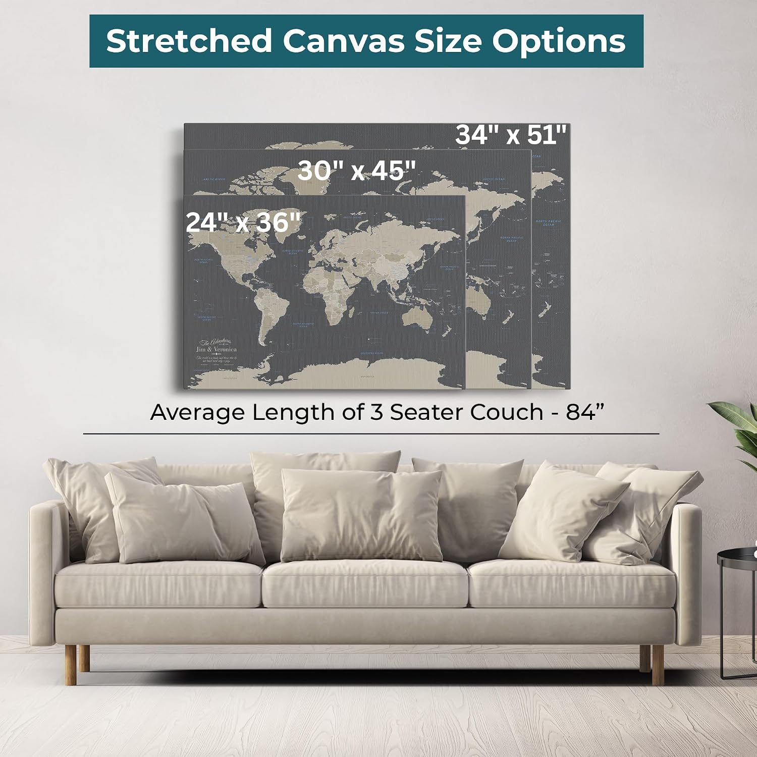 Earth Tone World Map with Pins – Personalized Canvas Push Pin Map – Framed World Travel Wall Decor – Gallery Wrap - 24' x 36'