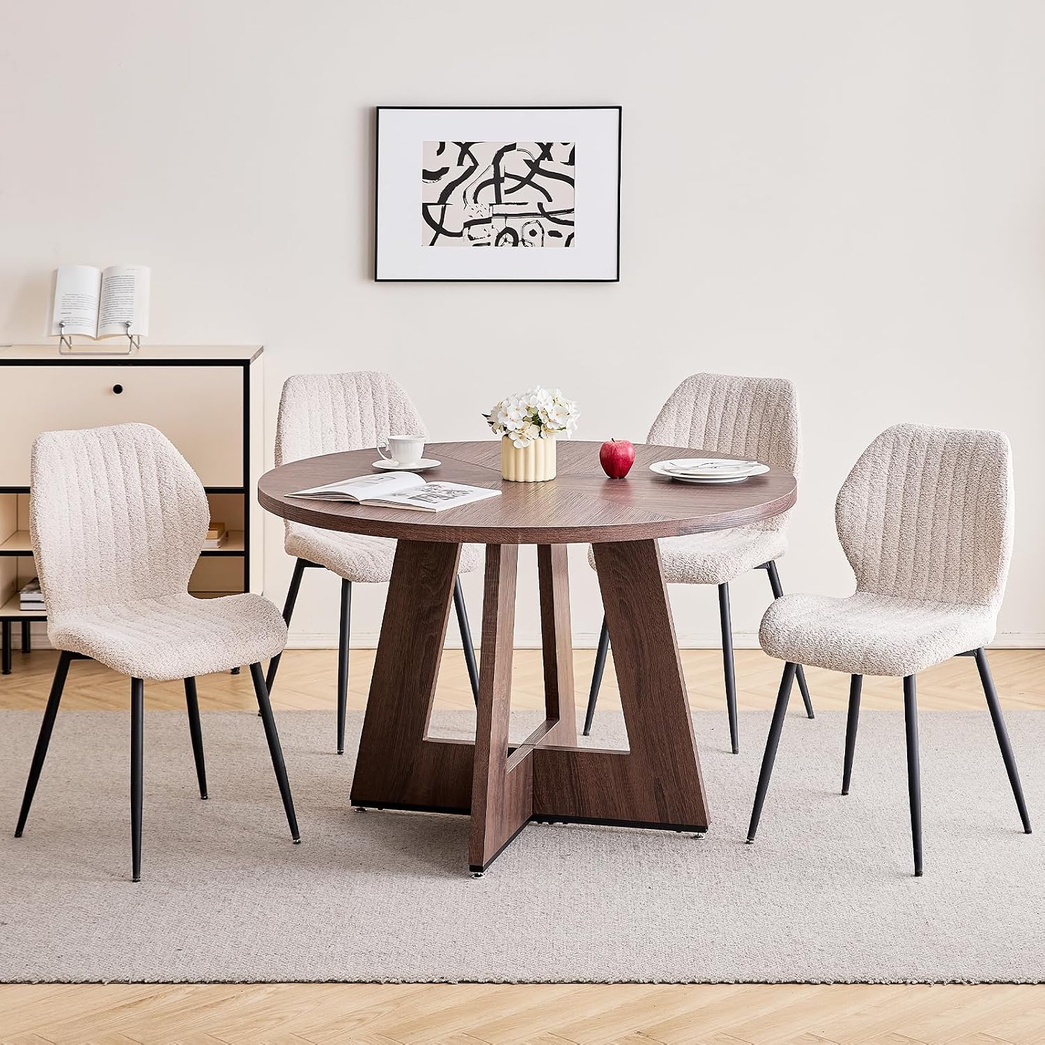 47' Round Dining Table Set for 4 with Chairs Kitchen Table and Chairs Set Mid-Century Modern Chair with Metal Leg for Apartment Living Room(1 Walnut Table + 4 Beige Chairs)