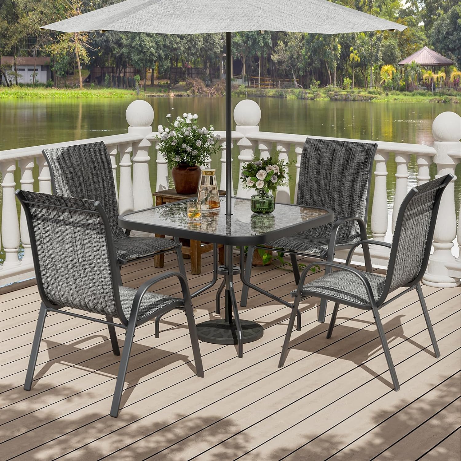 UDPATIO Patio Chairs Set of 4, Stackable Outdoor Dining Chairs with High Back, Textilene Fabric Breathable Outdoor Chair All Weather, 350LBS Capacity for Garden, Backyard (Dark Grey)
