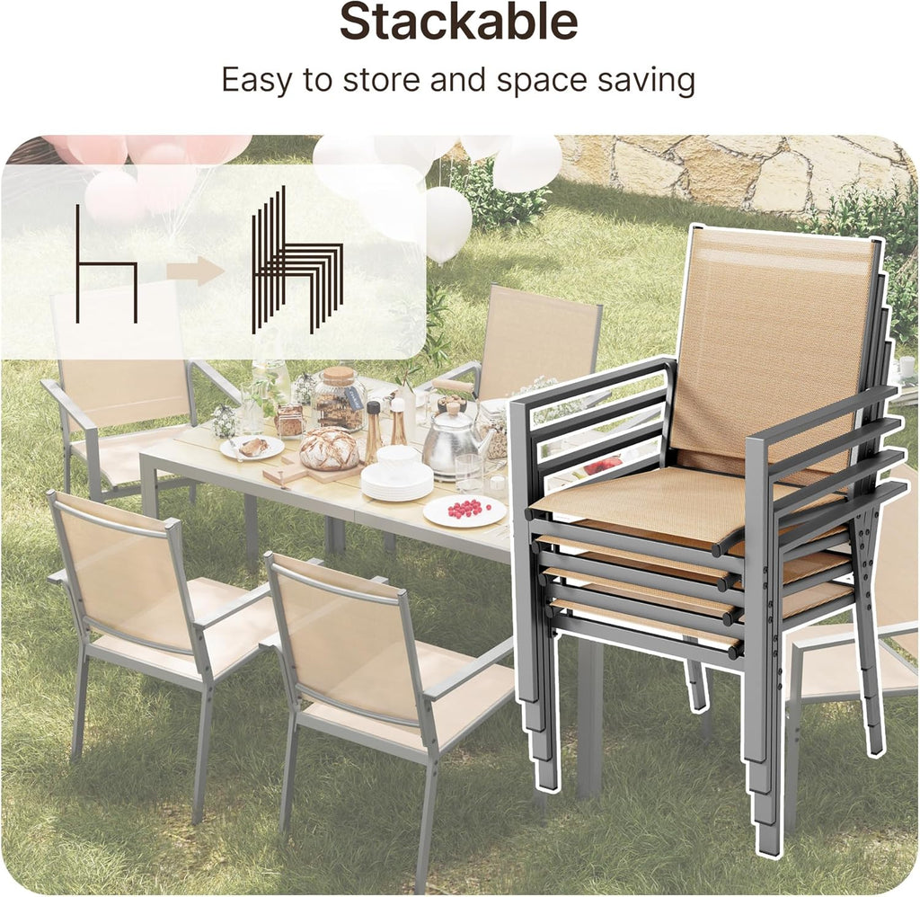 Ahomly Patio Table and Chairs Set for 6, Outdoor Dining Set Includes 59.5' Rectangle Patio Table with Side Umbrella Hole and 6 Textilene Fabric Patio Chairs for Backyard, Courtyard, Poolside, Brown