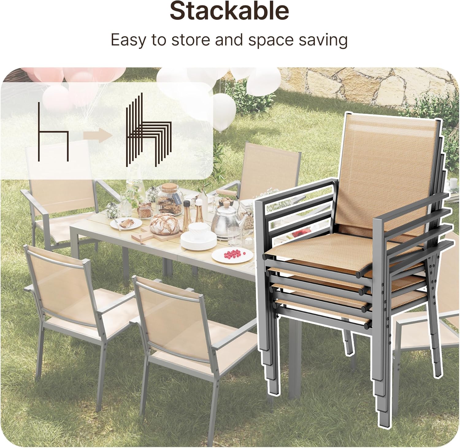 Ahomly Patio Table and Chairs Set for 6, Outdoor Dining Set Includes 59.5' Rectangle Patio Table with Side Umbrella Hole and 6 Textilene Fabric Patio Chairs for Backyard, Courtyard, Poolside, Brown