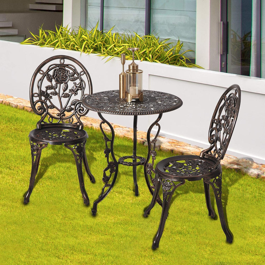 HOMEFUN Bistro Table and Chairs Set of 2 Outdoor 3 Piece Patio Set, Rose Pattern Cast Aluminum Bistro for Garden Balcony, Durable Rust All-Weather Resistance, Rose Bronze