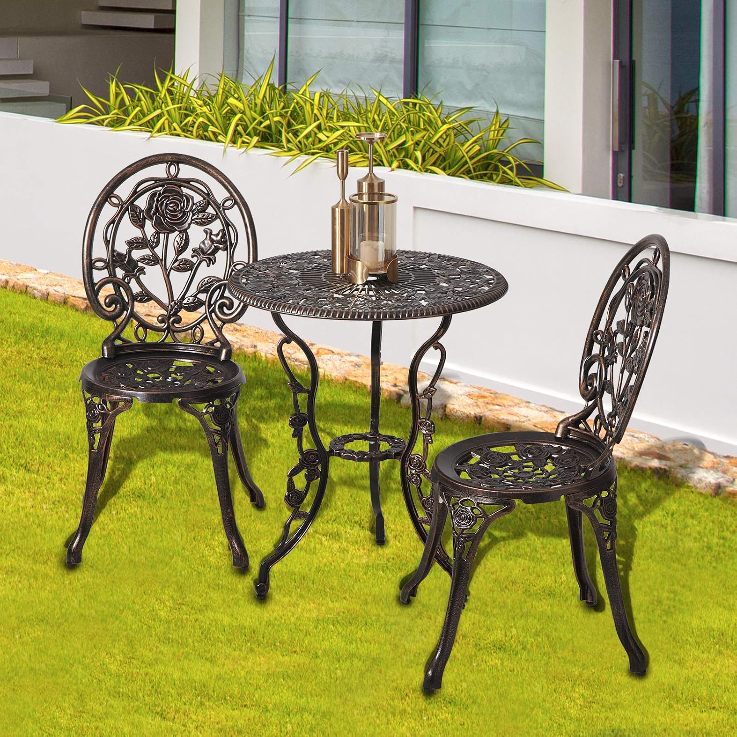 HOMEFUN Bistro Table and Chairs Set of 2 Outdoor 3 Piece Patio Set, Rose Pattern Cast Aluminum Bistro for Garden Balcony, Durable Rust All-Weather Resistance, Rose Bronze