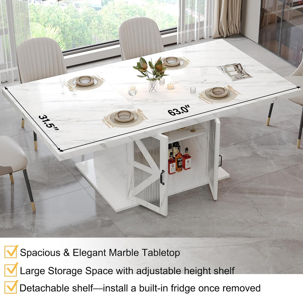 LVB Modern Dining Table for 4 to 6, White Rectangle Kitchen Table with Storage, Wooden Pedestal Dining Room Table with Fridge Space, Large Dinner Tables for Home,Living Room,White Faux Marble, 63 Inch