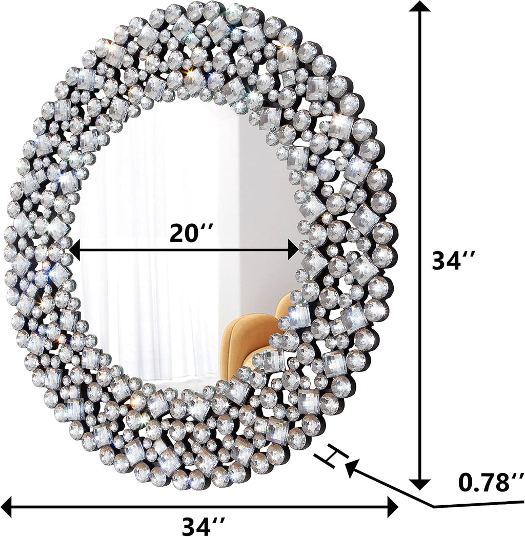 SHYFOY 34' Round Mirrors for Wall Decor,Oversize Jeweled Ornate Wall Mirror Decorative Accent Mirror Chic and Sparkly for Living Room Bathroom Bedroom Fireplace Home Decor