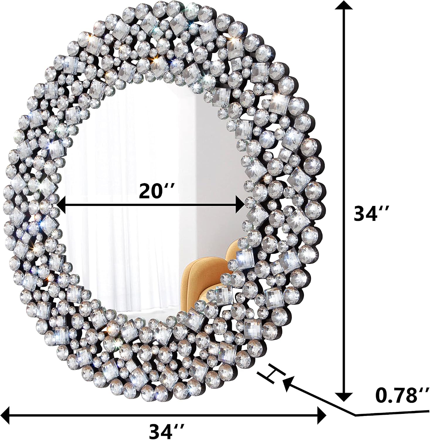 SHYFOY 34' Round Mirrors for Wall Decor,Oversize Jeweled Ornate Wall Mirror Decorative Accent Mirror Chic and Sparkly for Living Room Bathroom Bedroom Fireplace Home Decor