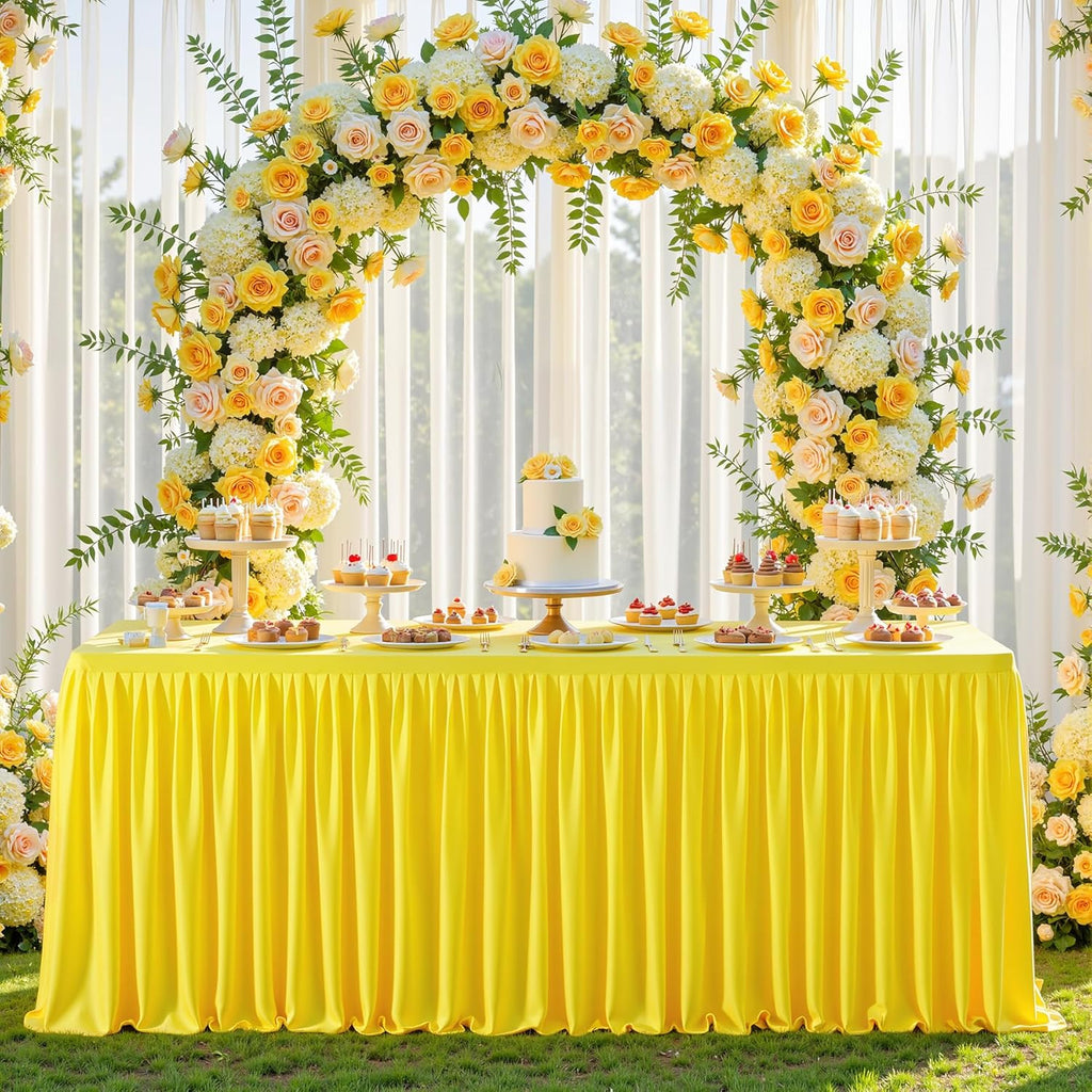 6 Pack Yellow Tablecloths for Rectangle Tables 8ft, Wrinkle Resistant Spandex Table Cover Fitted Stretch Table Cloth with Pleated Ruffle Skirts for Party Banquet Dining Birthday Wedding