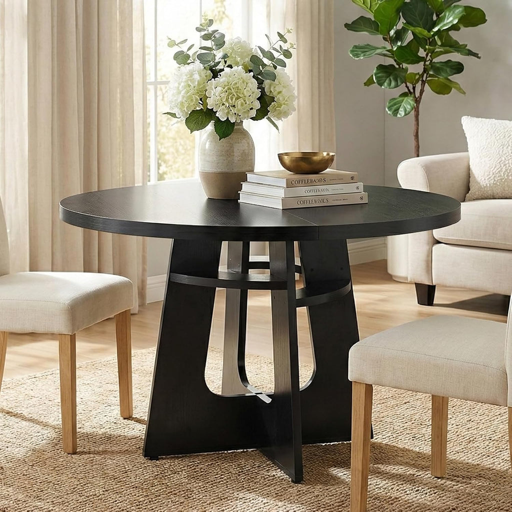 47' Round Dining Table for 4-6 Black, Farmhouse Wood Circle Dinner Table, Modern Wooden Circular Dinner Tables Easy Assembly for Dining Room/Kitchen/Living Room/Apartment (Table Only)