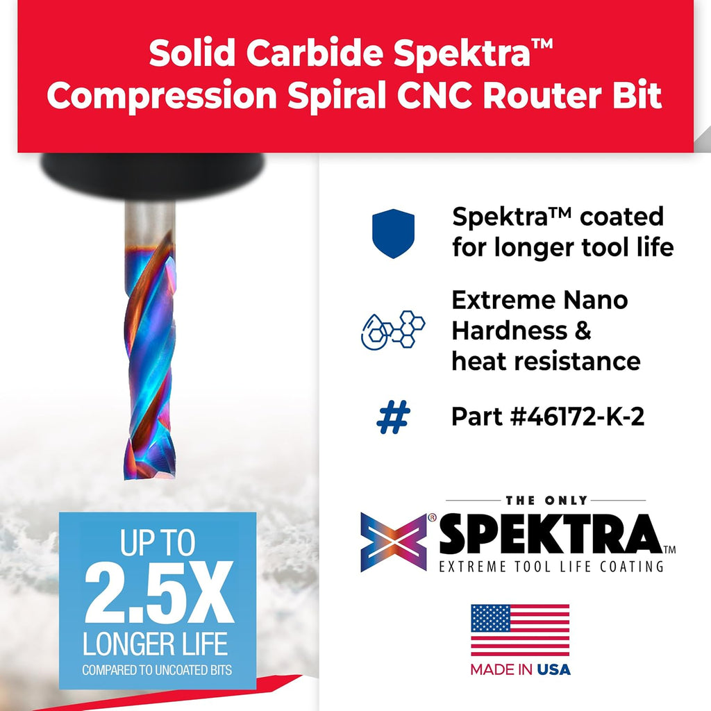 Amana Tool Spektra Extreme Tool Life Coated Solid Carbide CNC Compression Spiral Router Bit, 46172-K-2 2 Pack, 3/8 D x 1-1/4 CH x 3/8 SHK x 3 L 2 Fl
