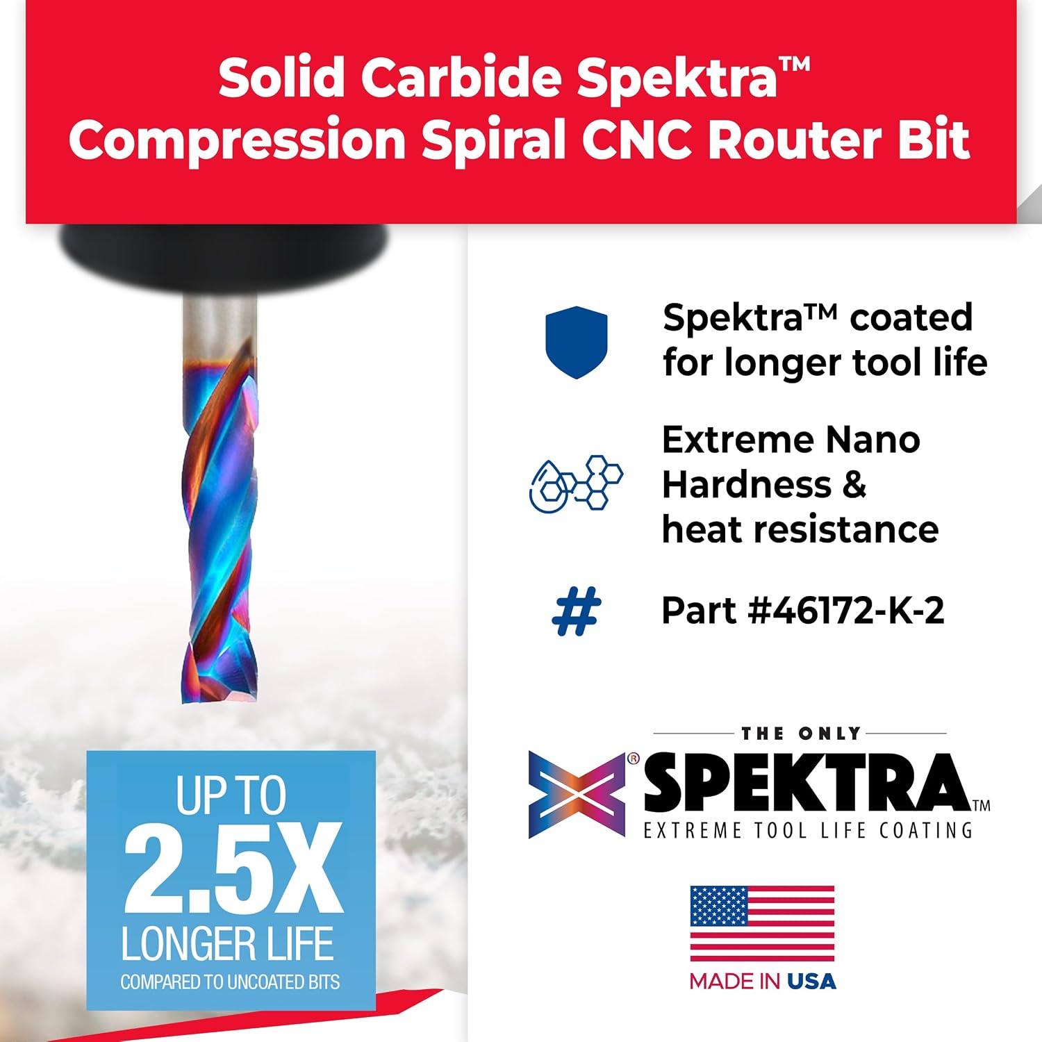 Amana Tool Spektra Extreme Tool Life Coated Solid Carbide CNC Compression Spiral Router Bit, 46172-K-2 2 Pack, 3/8 D x 1-1/4 CH x 3/8 SHK x 3 L 2 Fl